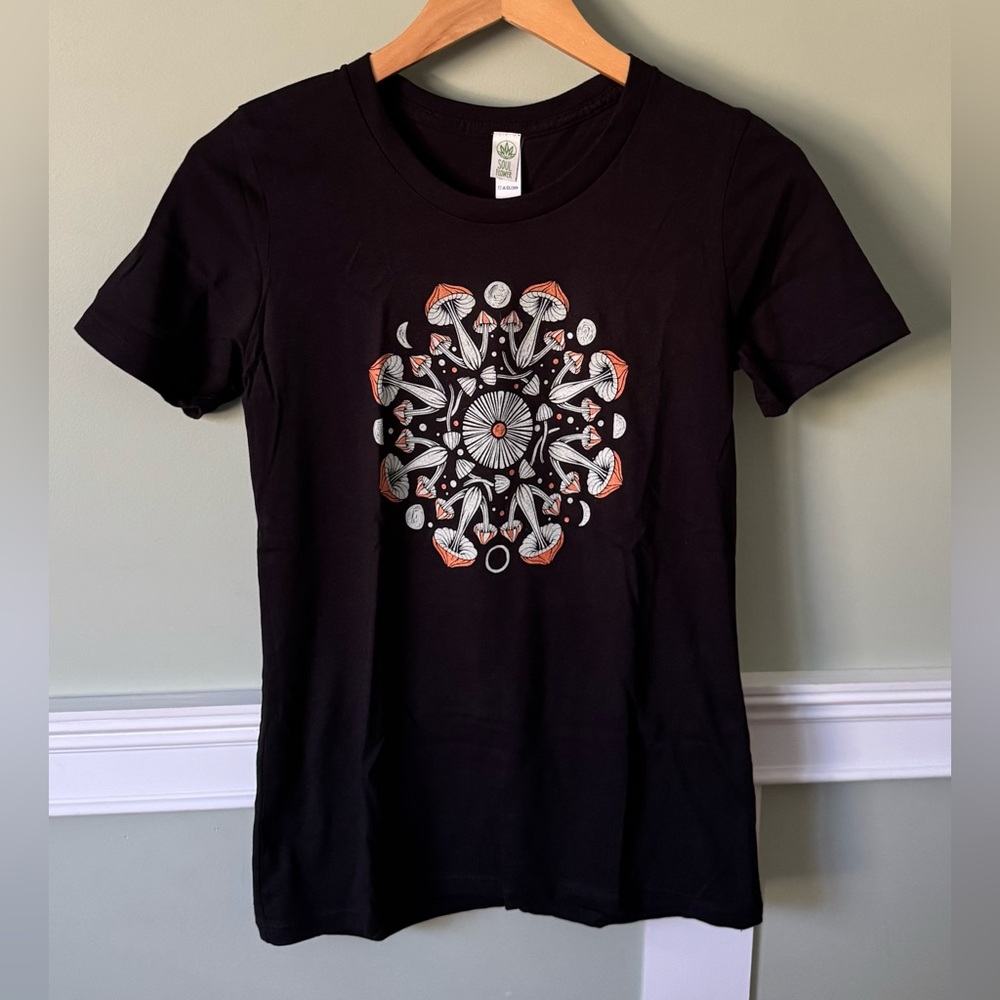 Black T-Shirt with Mushroom Mandala Design